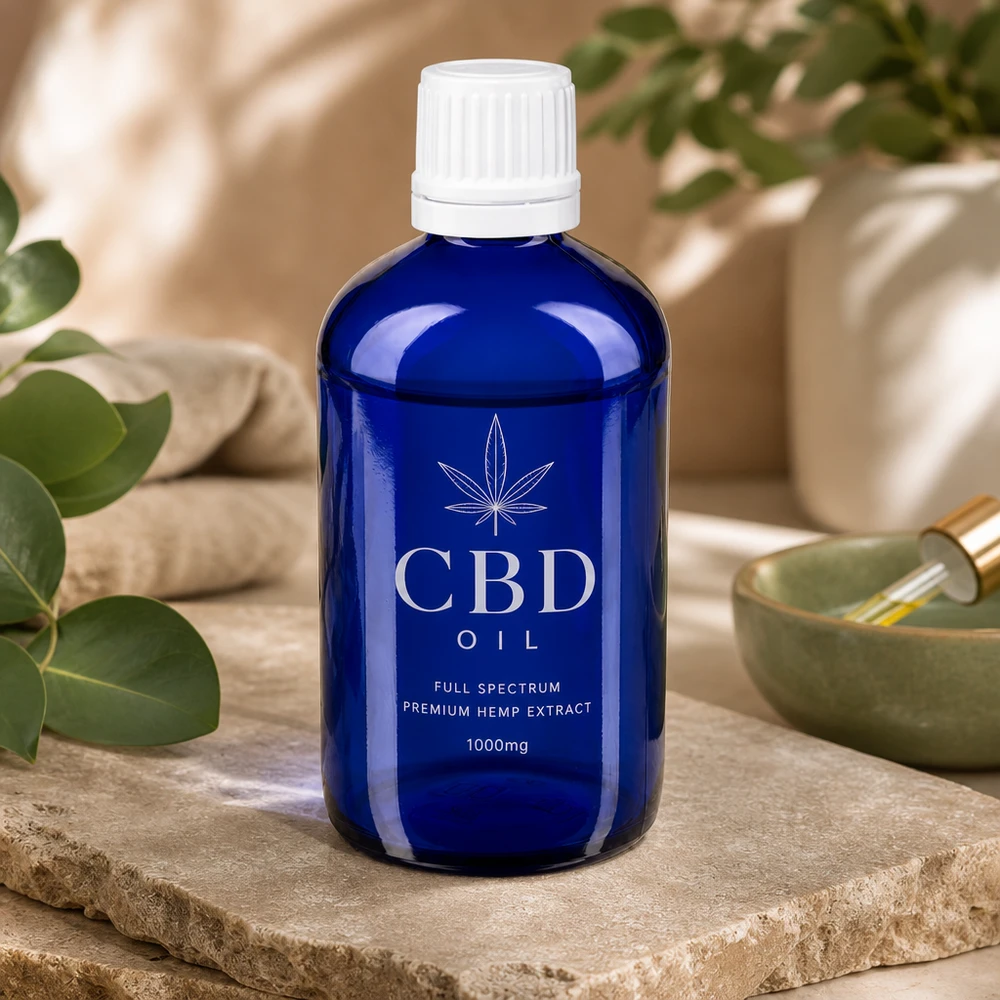 Apoteksflaska blå 20ml droppflaska vit barnskyddande standard CBD-oljeflaska, 20 ml, koboltblå med vit droppkork, dekorativt presenterad på natursten
