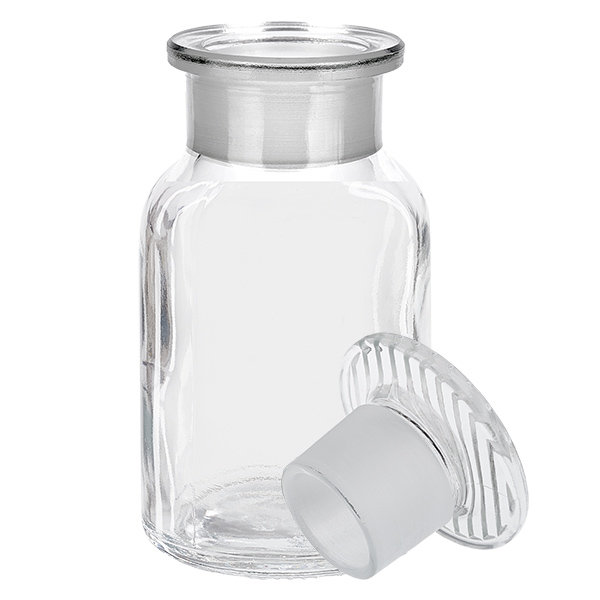 Flaska med rund axel 100ml klar glaspropp med bred hals Genomskinlig flaska med rundade axlar, 100 ml, med glaspropp och vid hals, för laboratorier och apotek