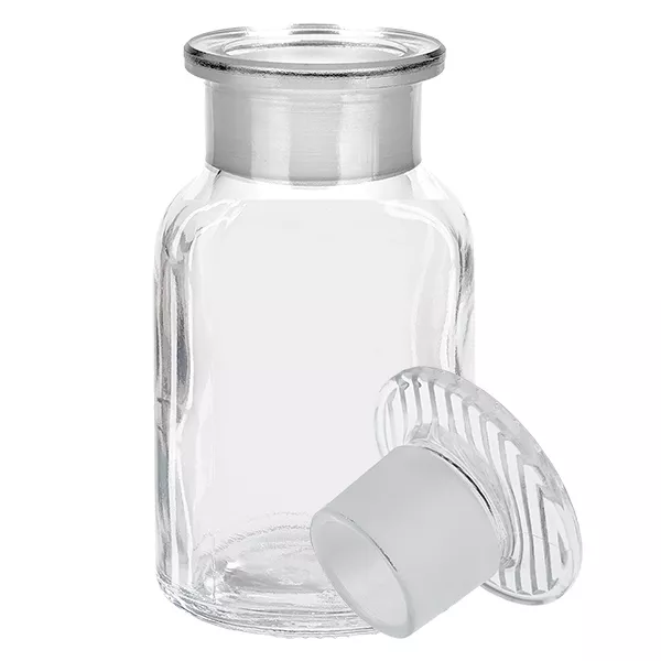 Flaska med rund axel 100ml klar glaspropp med bred hals Genomskinlig flaska med rundade axlar, 100 ml, med glaspropp och vid hals, för laboratorier och apotek