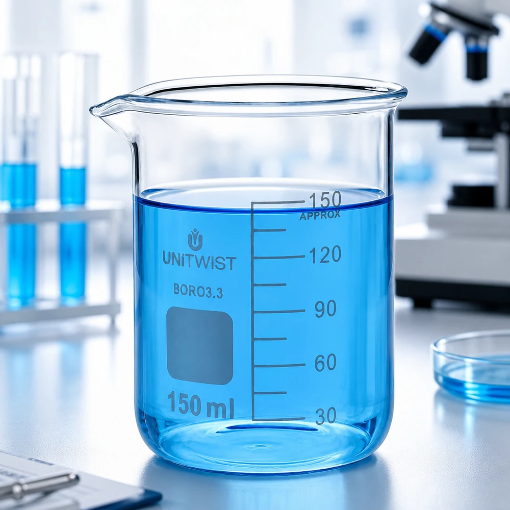Bägare 150 ml borosilikat, lågformad UNiTWIST UNiTwist mugg 150 ml, borosilikatglas 3.3, låg form med blå vätska i laboratoriet