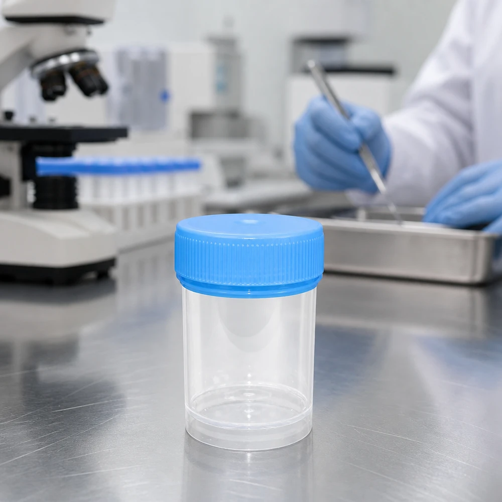 Tom, genomskinlig plastburk på 20 ml med blå skruvlock på en yta av rostfritt stål i laboratoriet