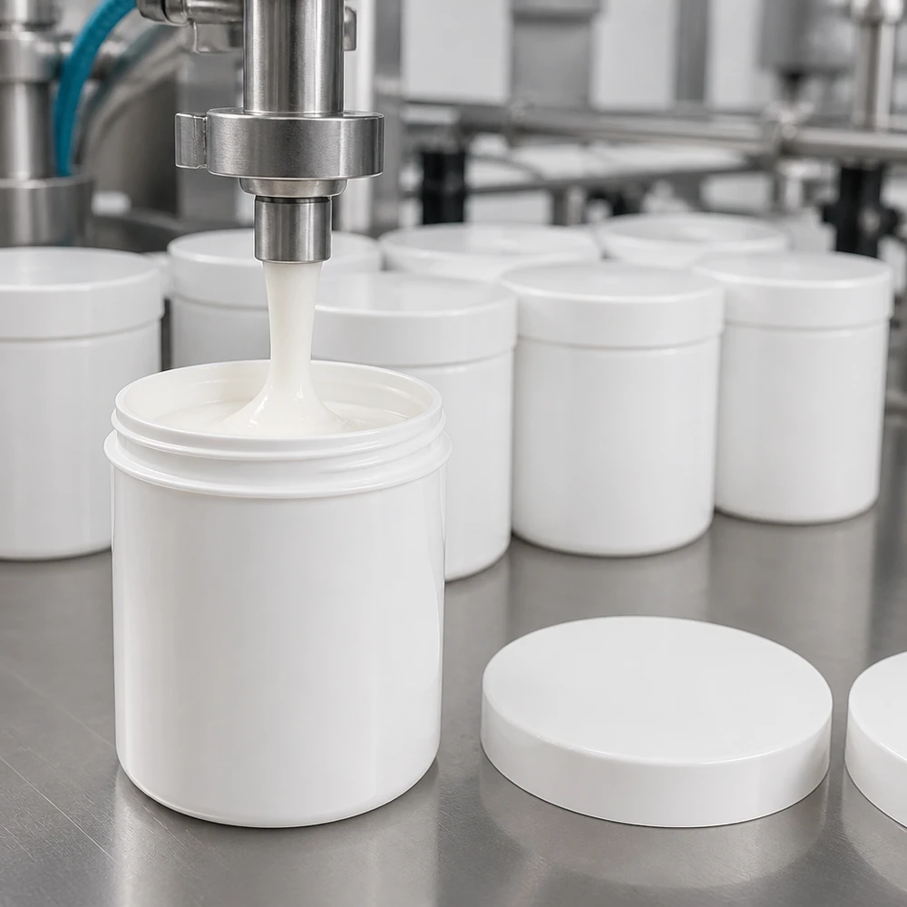 Salvburk 20g vit med vitt skruvlock (polypropylen) Automatisk fyllning av vita salvorburkar (20 g, PP) inom läkemedelsproduktionen