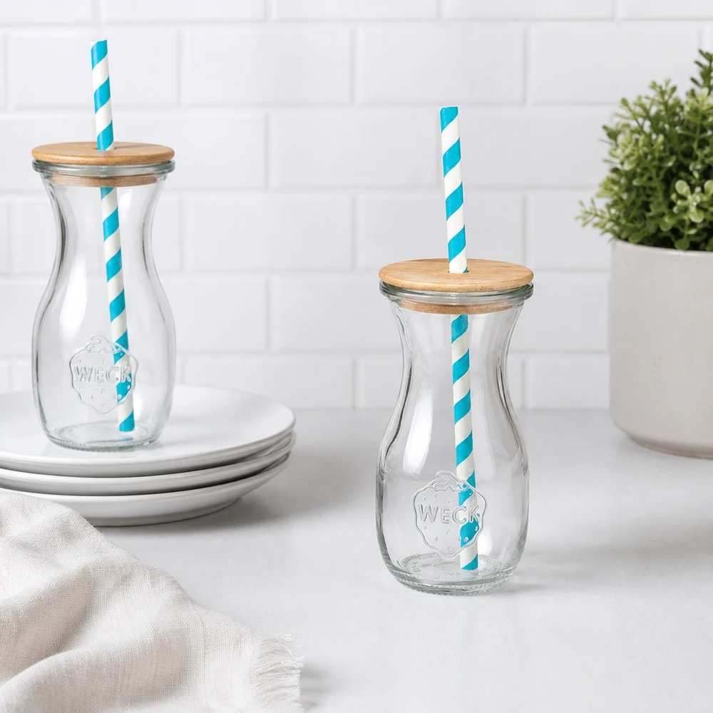 2 WECK glasflaskor 290ml trälock turkos-vit eko sugrör köksdekoration vita plattor tallrik växt