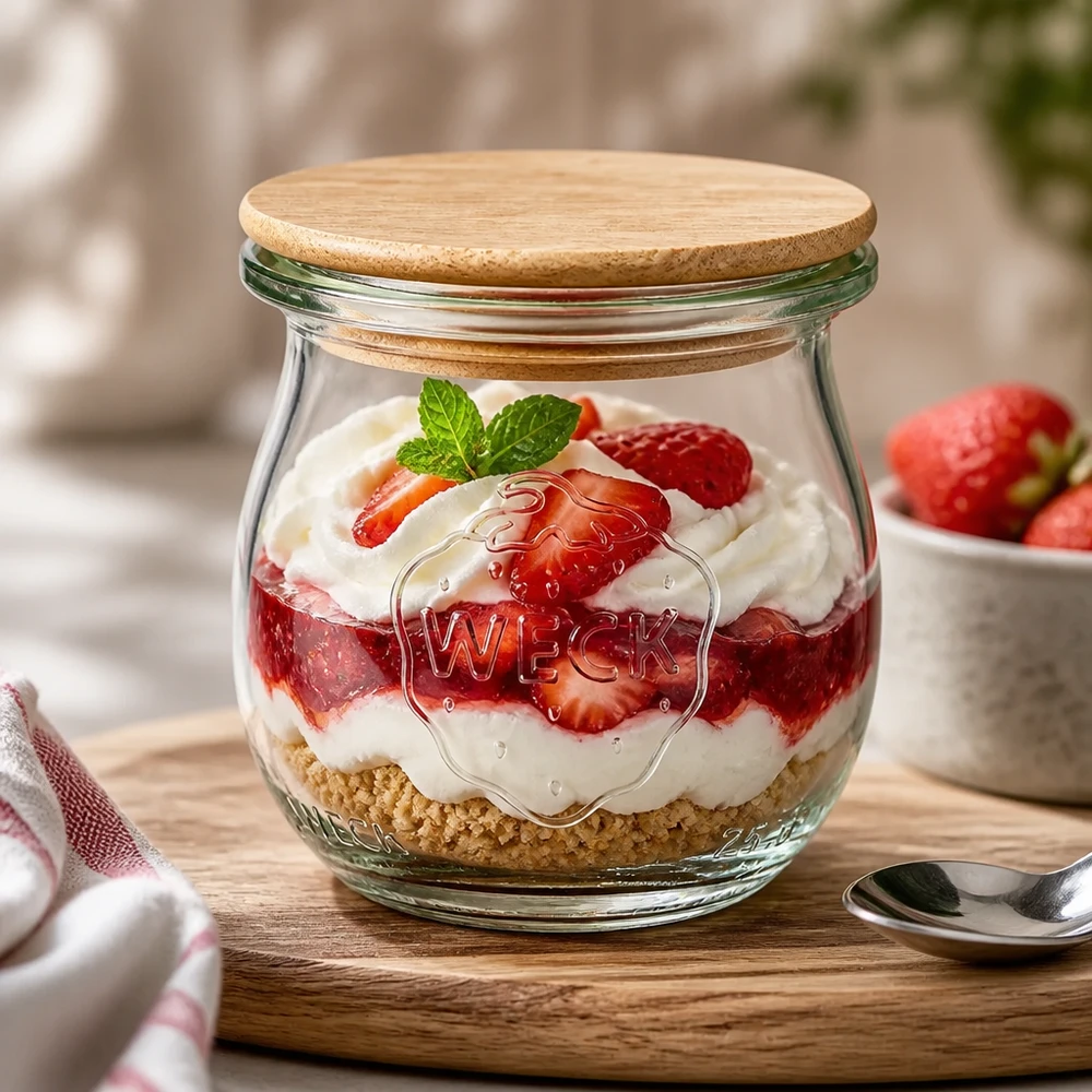 75ml tulpanburk WECK RR40 med trälock WECK tulpanburk 75ml RR40 dessertburk med bambulock fylld med jordgubbsdessert och grädde på ett träbord