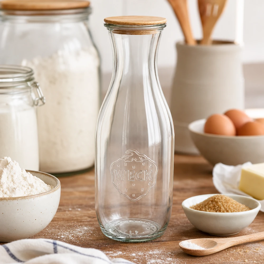 1062ml juiceflaska WECK RR60 med trälock WECK juiceflaska 1062ml med trälock på köksbordet mellan bakingredienser som mjöl, ägg och smör