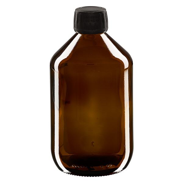 500 ml medicinflaska, brun, svart lock med säkerhetsring ApoGlas 500 ml medicinflaska, brun, svart lock med säkerhetsring ApoGlas
