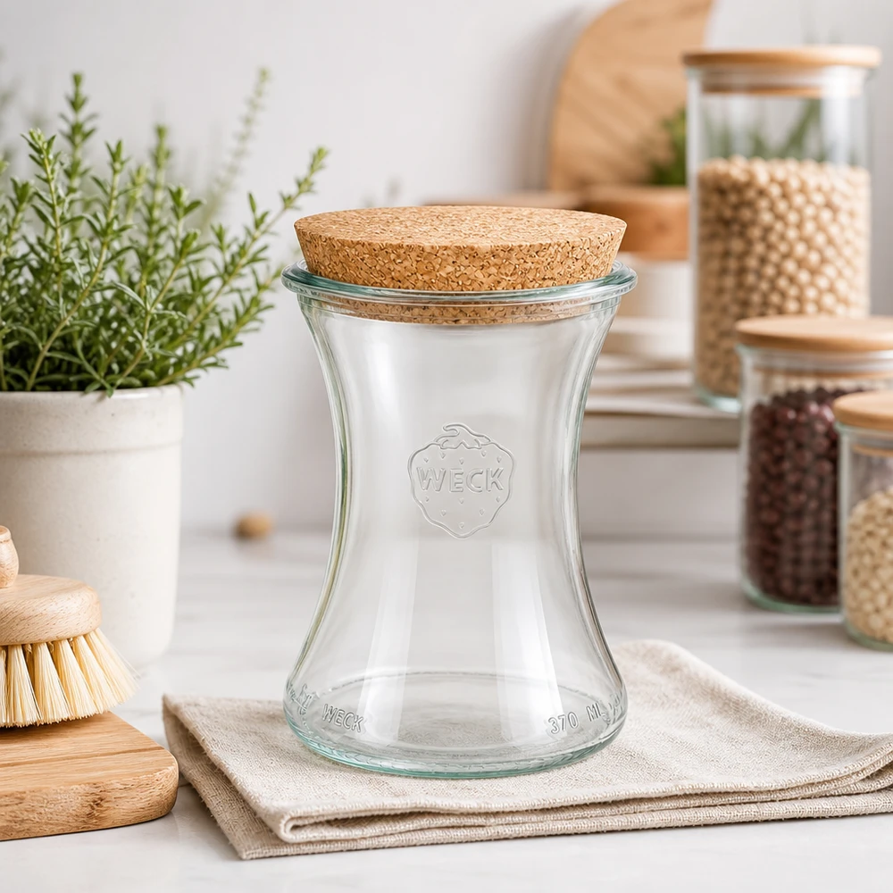 370ml delikatessburk WECK RR80 med kork naturell WECK Delikatessenglas 370ml RR80 in moderner Küche mit Vorratsgläsern Kräutern und Holzaccessoires als Deko