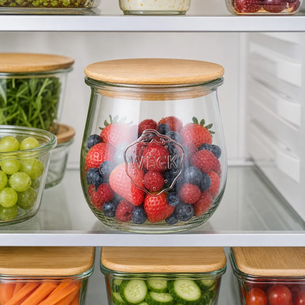 220ml tulpanburk WECK RR60 med trälock WECK Tulpenglas 220ml mit Holzdeckel zur Aufbewahrung von Beeren im Kühlschrank - Frischhalteglas für Obst
