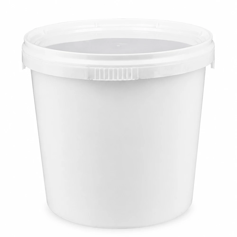 1 liters vit plasthink av polypropylen med lock Vit plasthink på 1 liter med lock, tillverkad av PP-plast, lämplig för livsmedel