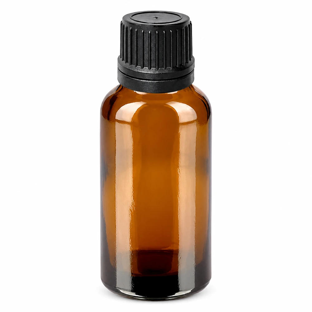 30 ml Droppflaska 1 mm svart med säkerhetsförslutning BrownLine UT18/30 30 ml brun glasflaska med svart dropplock för eteriska oljor och tinkturer