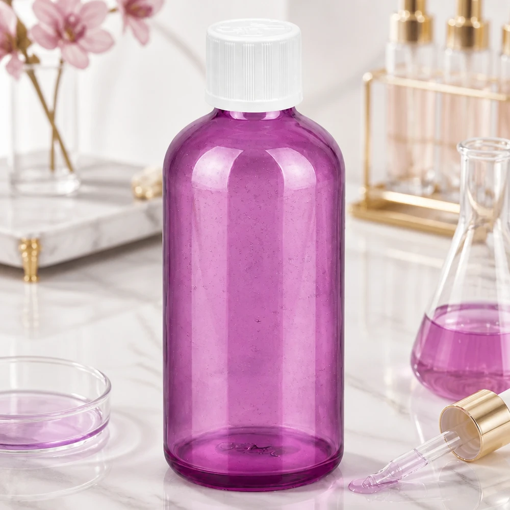 100 ml droppflaska 1,2 mm vit standard barnsäker PurpleLine. UT18/100 Elegant 100 ml kosmetikflaska i lila med fin 1,2 mm droppsats för serum och oljor