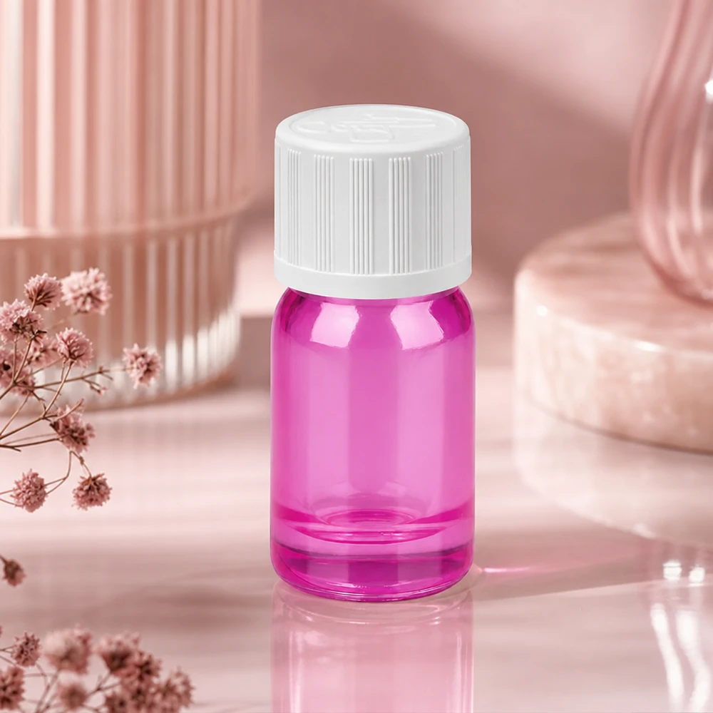 Liten aromaterapiflaska 5ml i ljuslila med barnsäkert lock för vardagsbruk