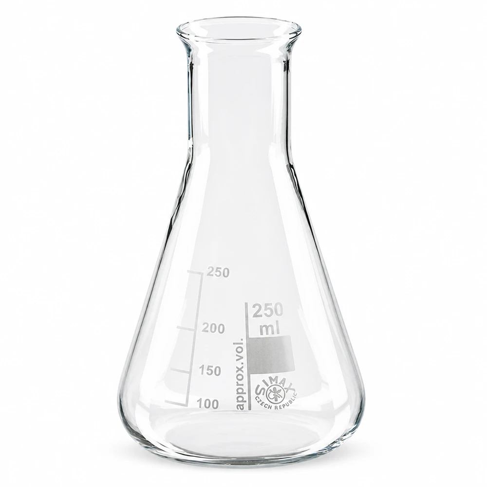 Erlenmeyerkolv 250 ml med smal hals Erlenmeyerkolv 250 ml med smal hals av klart borosilikatglas för laboratorieexperiment
