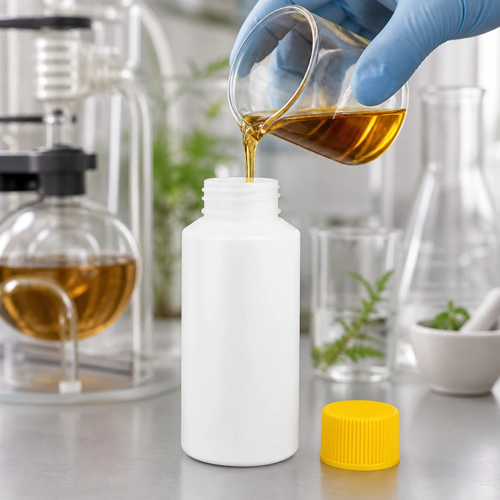 Apoteksflaska HDPE 30ml vit, med gult skruvlock Liten vit plastflaska på 30 ml med gult barnsäkert lock vid påfyllning i laboratoriet