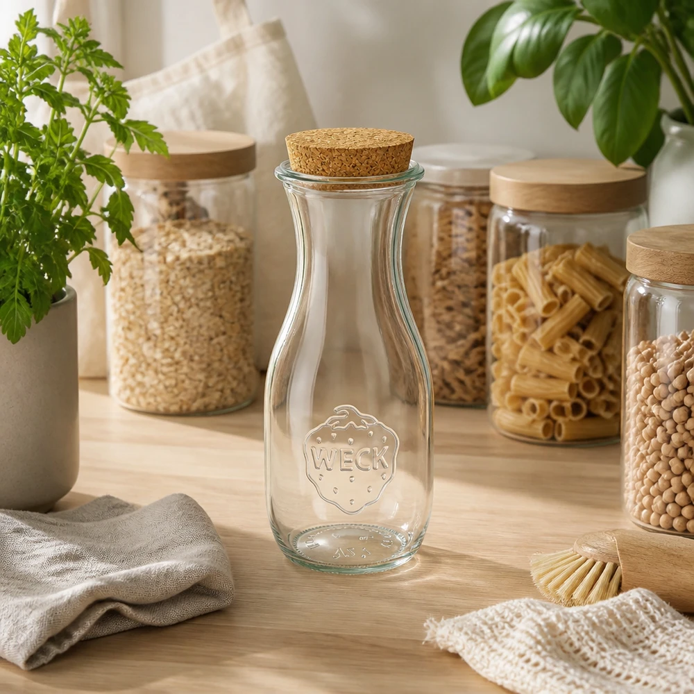 530ml juiceflaska WECK RR60 med kork naturell WECK juiceflaska 530ml RR60 med kork i hållbart zero-waste kök mellan förvaringsburkar och gröna växter