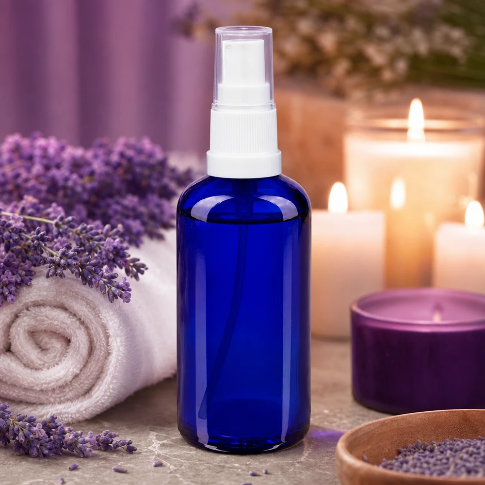 Apoteksflaska blå 50ml spray topp vit 50 ml blå sprayflaska i apotekerglas med lavendel och ljus i en avslappnande atmosfär