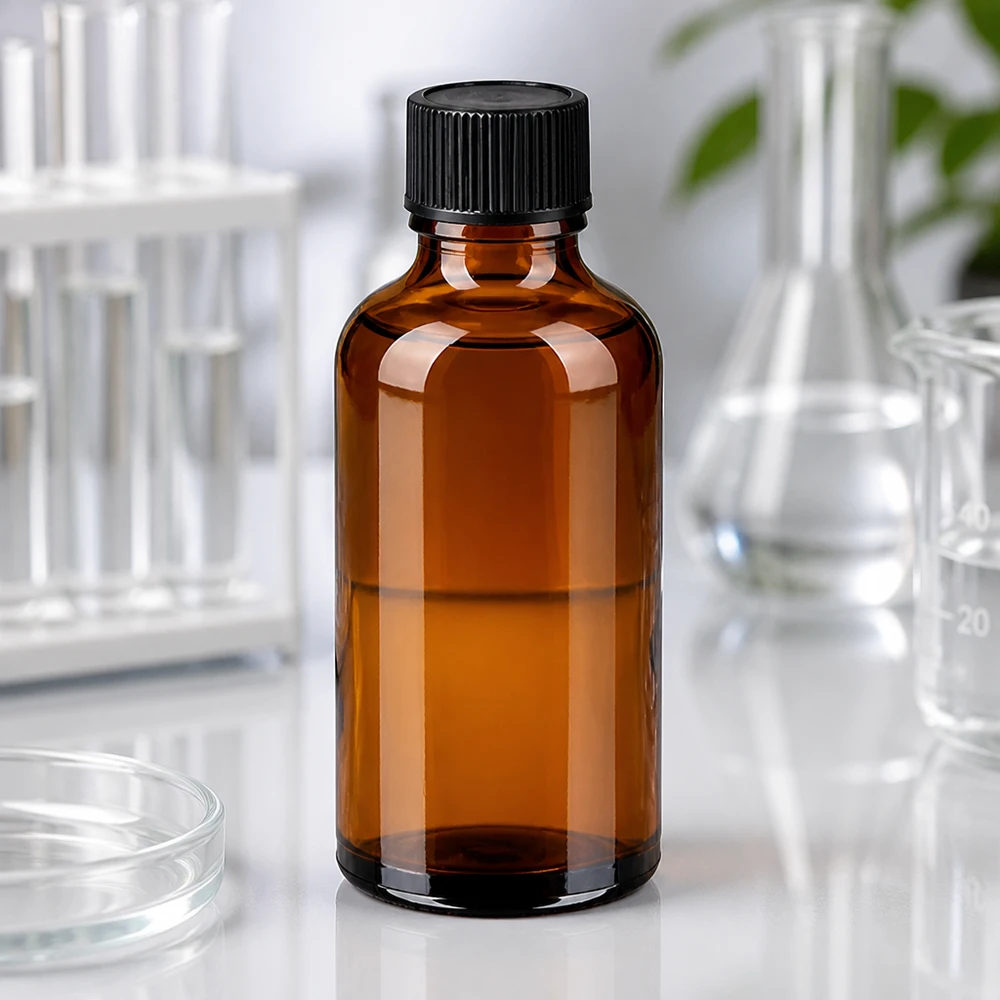 50 ml droppflaska BrownLine tillverkad av UV-skyddande bärnstensfärgat glas med svart standardlock