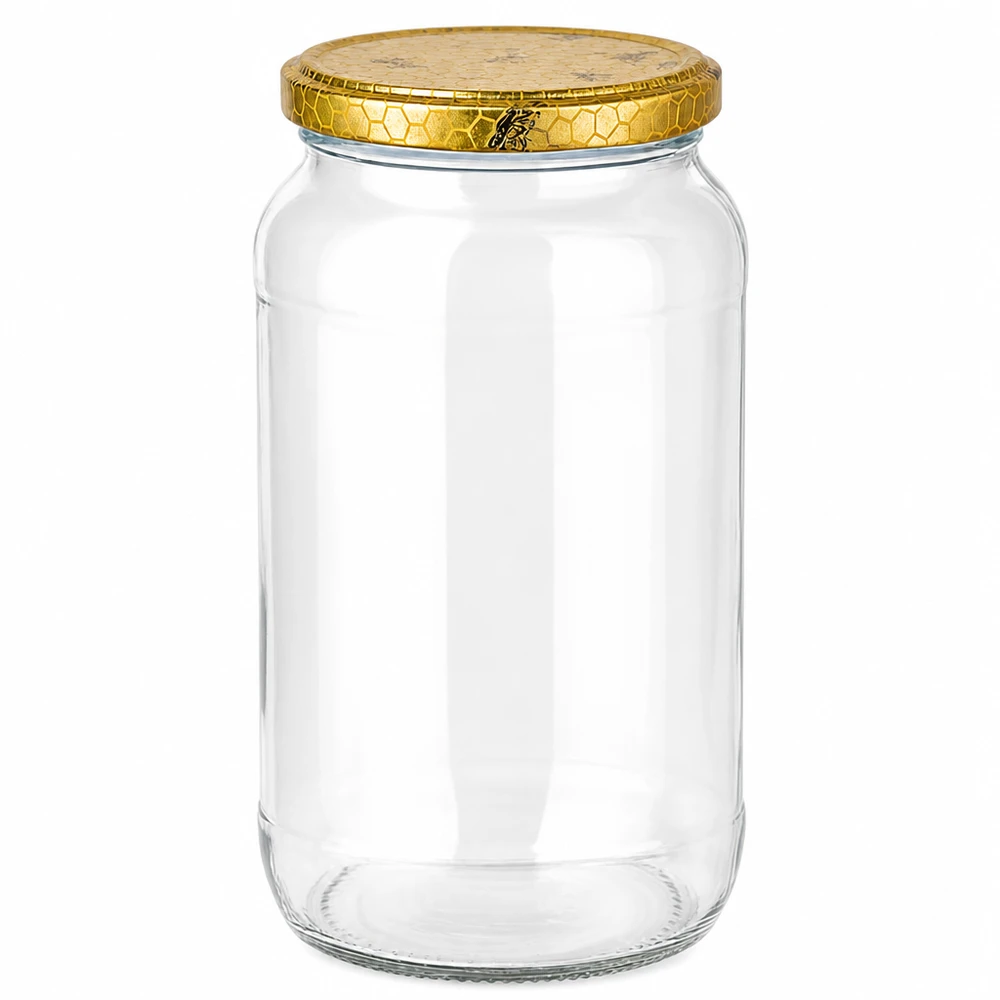1062 ml rund burk med gyllene bikakelock - tom honungsburk konserveringsburk transparent BasicSeal-lock