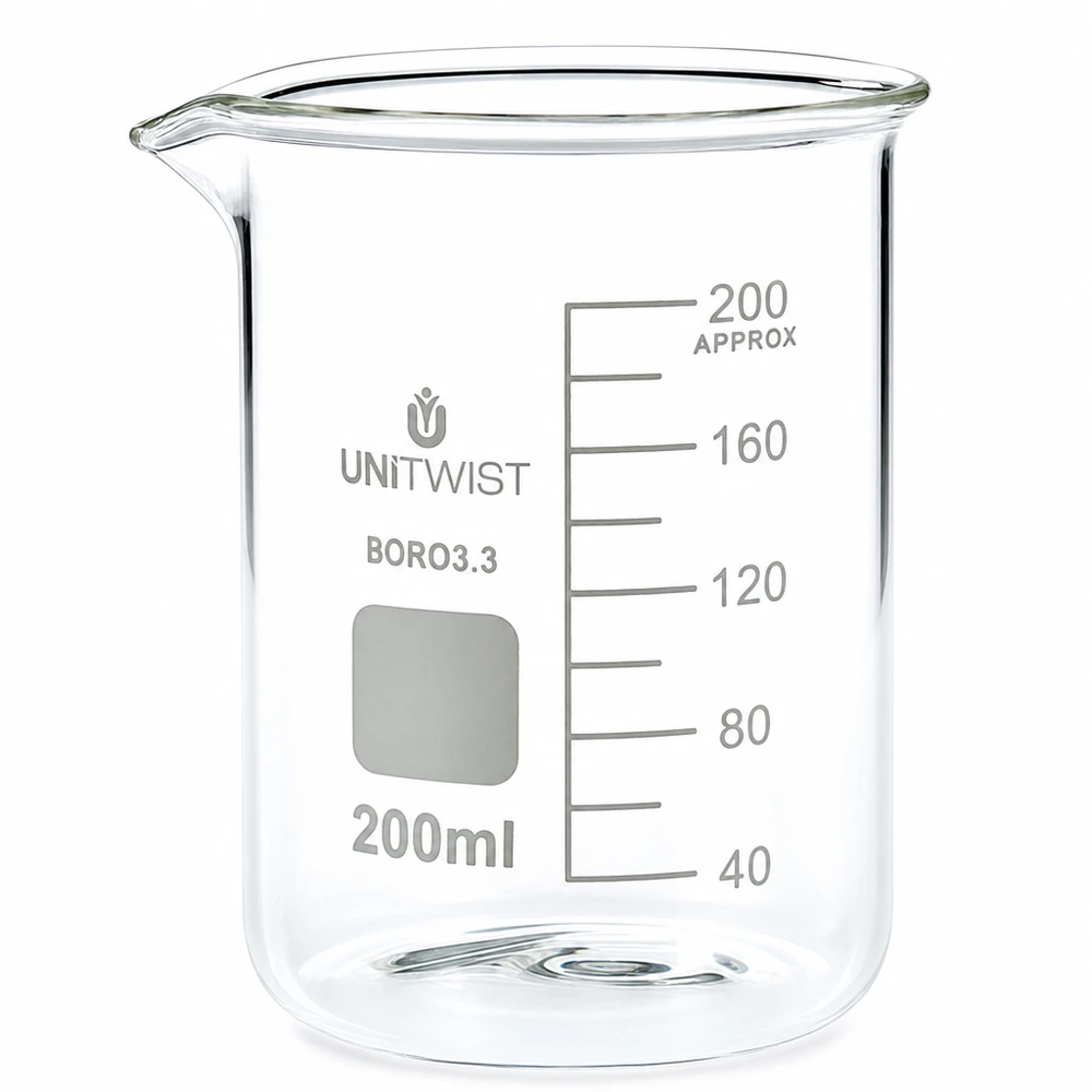 Bägare 200ml borosilikat, lågformad UNiTWIST 200 ml lågt begerglas i borosilikatglas från UNiTWIST med milliliterskala