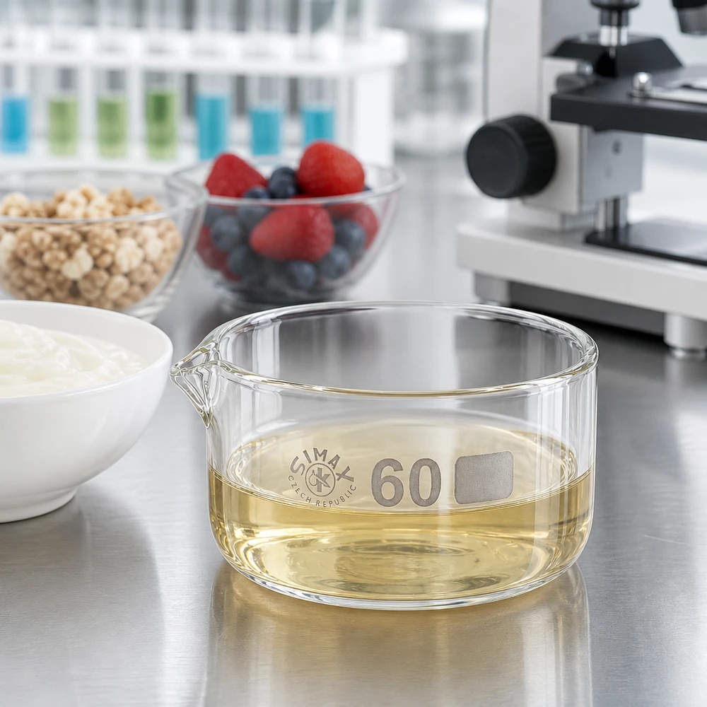 60ml kristalliseringsskål med pip av borosilikat ø60mm Kristalliseringsskål 60 ml, livsmedelsanalys, laboratorium, yoghurt, bär, müsli, matolja, borosilikatglas