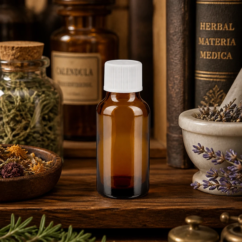 Kompakt 20 ml bärnstensfärgad glasflaska med 11 mm skruvgänga för exakt dosering av aktiva ingredienser