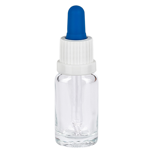 10ml Pipettflaska vit/blå med manipulationsskyddat lock ClearLine UT18/10 10 ml pipettflaska i klart glas med vitt skruvlock och blå gummikula