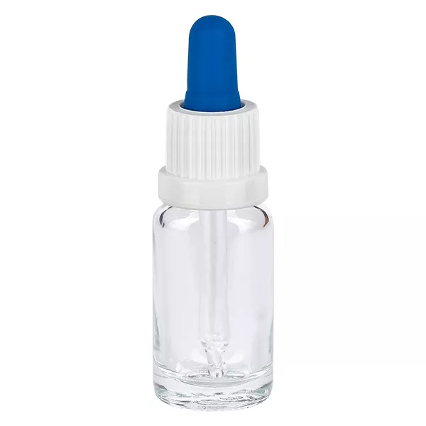 10ml Pipettflaska vit/blå med manipulationsskyddat lock ClearLine UT18/10 10 ml pipettflaska i klart glas med vitt skruvlock och blå gummikula