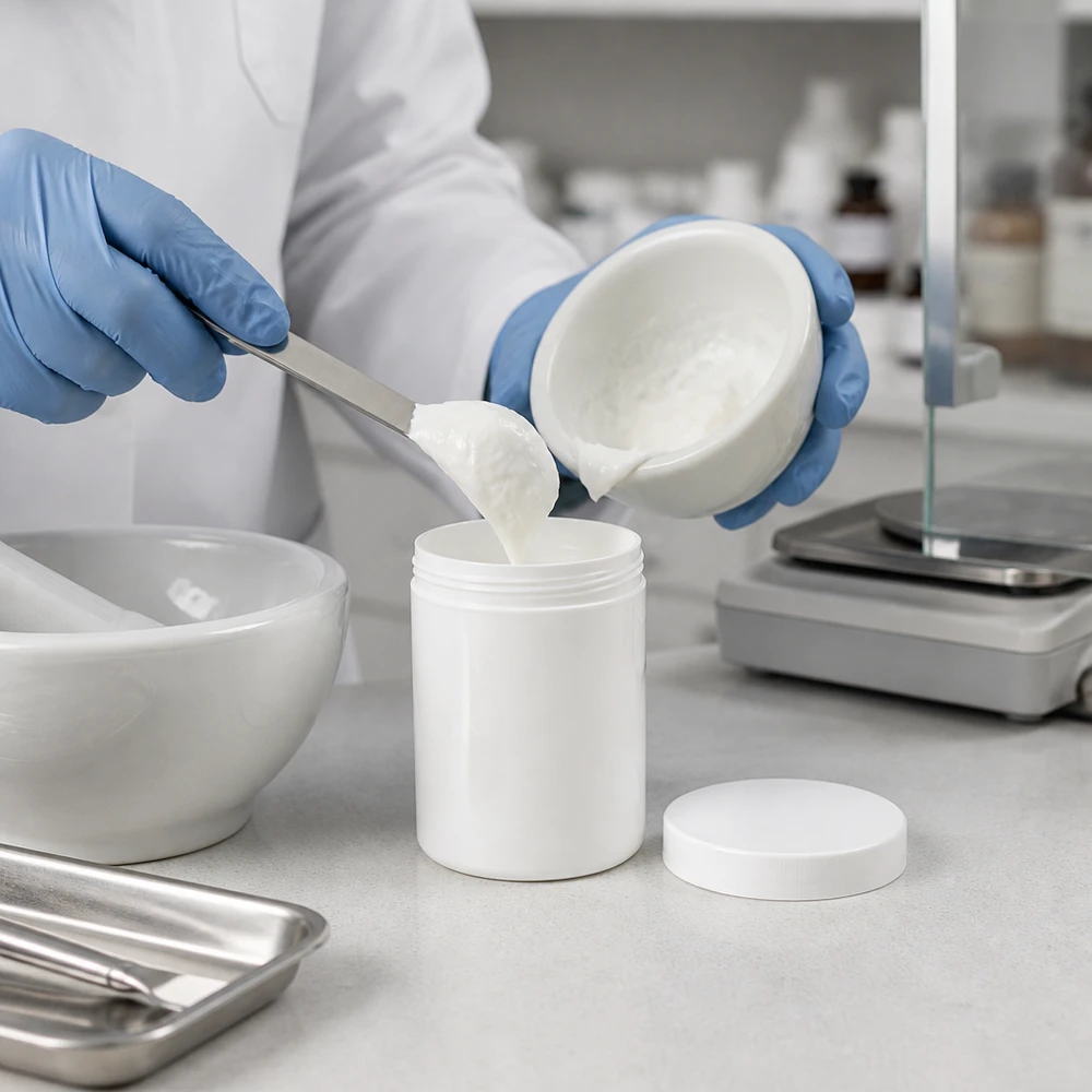 Salvburk 10g vit med vitt skruvlock (polypropylen) Farmaceutisk tappning av vit kräm i 10 g PP-salvburk med skruvlock