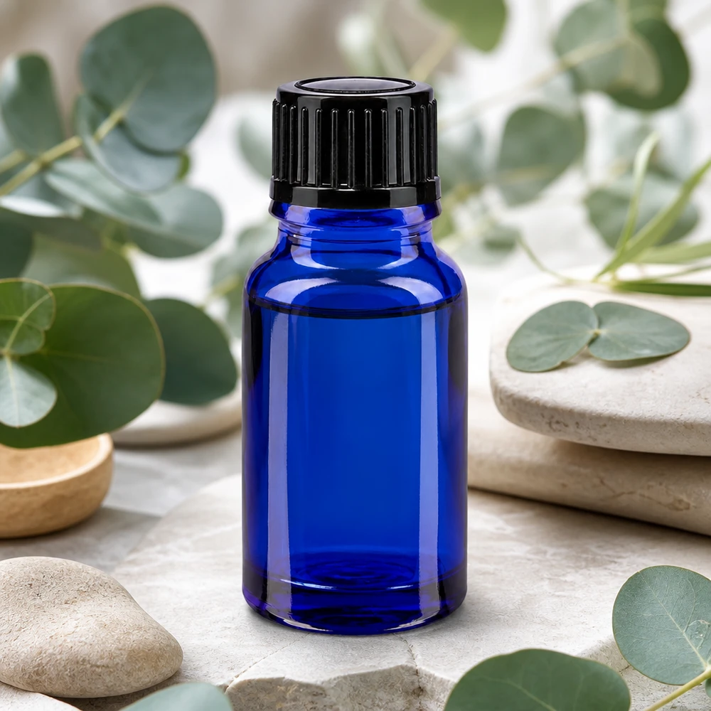 Apoteksflaska blå 10ml dropplock 1mm svart standard Koboltblå 10 ml droppflaska av ApoGlas med svart skruvlock för aromaterapi