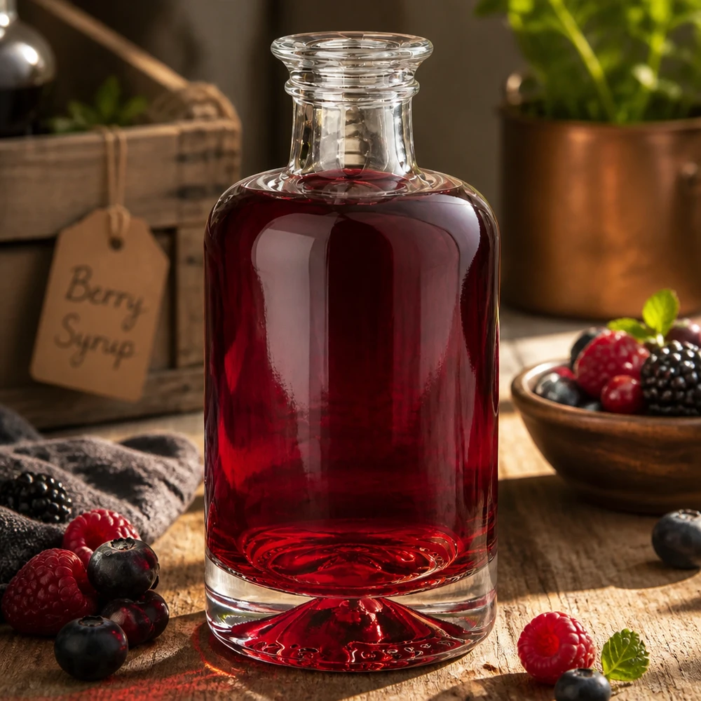 100 ml apoteksflaska Sofia utan lock UNiTWIST® 100 ml Sofia-glasflaska fylld med rödbärsjuice omgiven av färska bär på en rustik träbakgrund