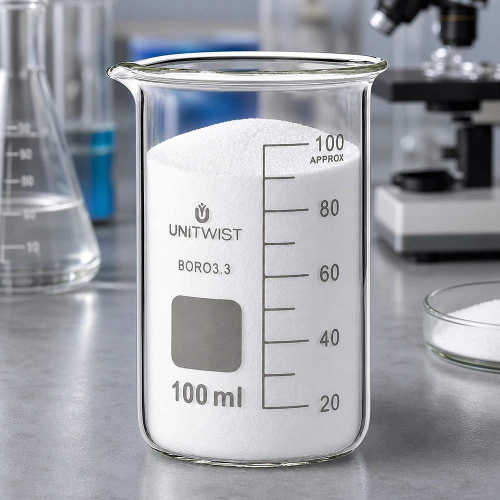Bägare 100ml borosilikat, hög form UNiTWIST UNITWIST mätbägare i borosilikatglas, 100 ml, hög modell, fylld med vitt pulver i laboratoriet