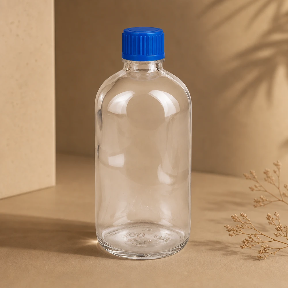 Liten klarglasflaska 100 ml ClearLine UT18 med blå plastlock STD 11 mm SV