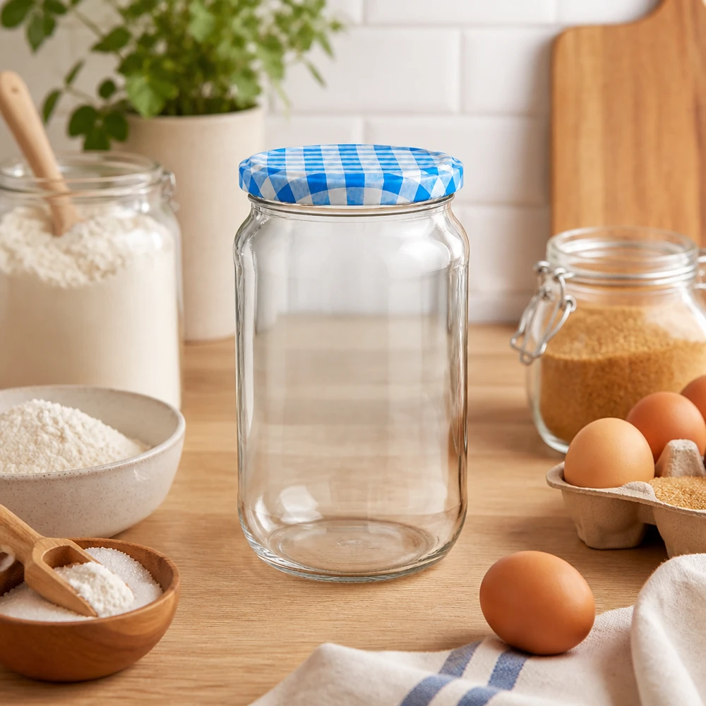 1062ml rund burk tom i köksscen med bakingredienser, blått och vitt BasicSeal-lock, mångsidig för bakmixer