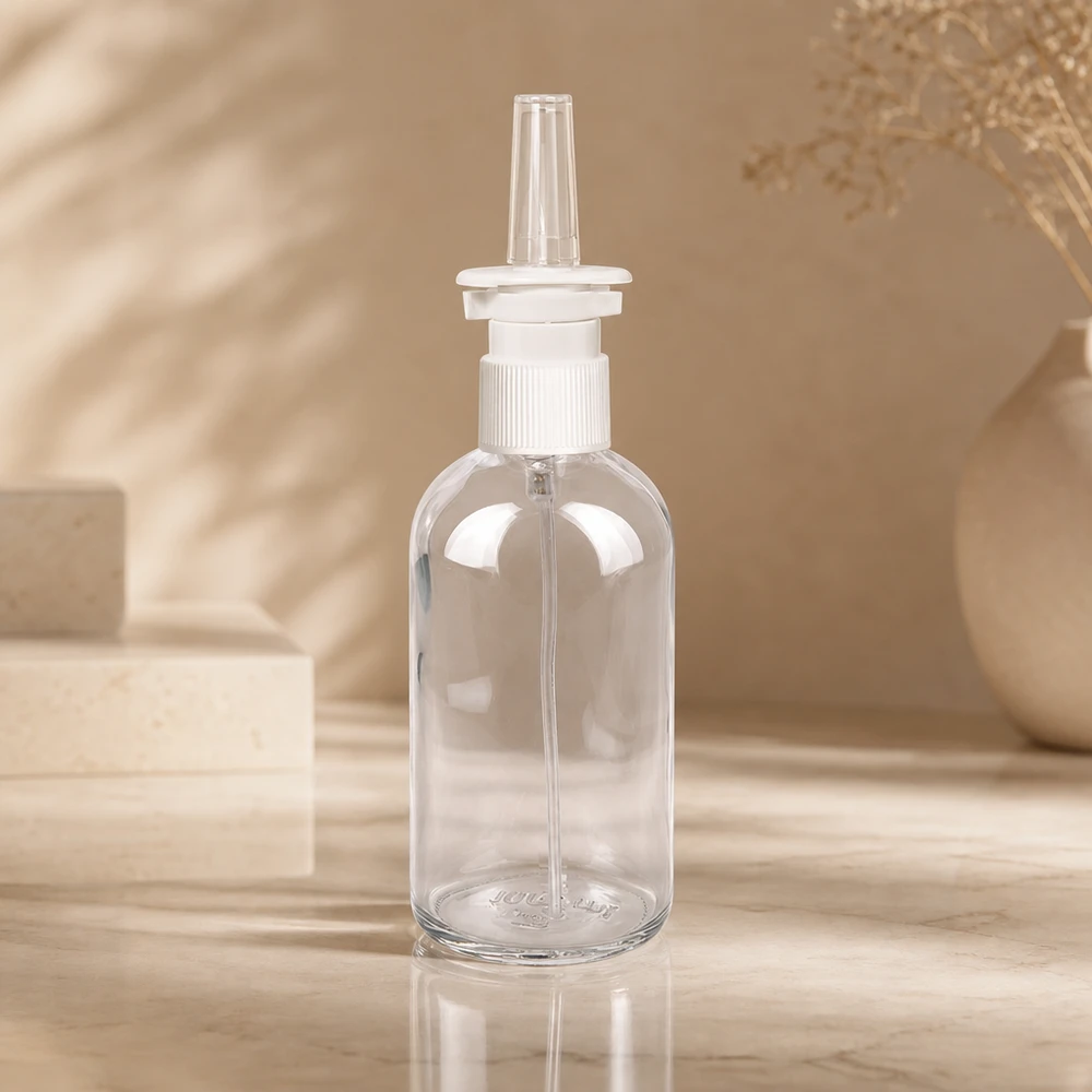 ClearLine-glasflaska, 100 ml, med vit nässprayhuvud på marmorunderlägg