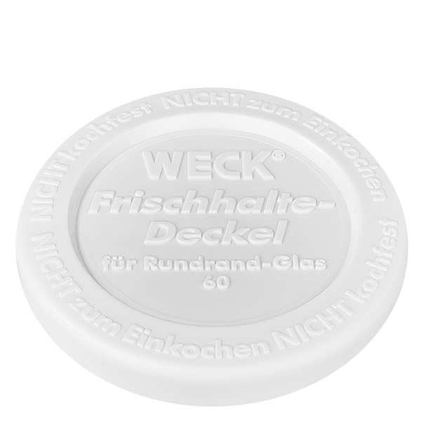 50ml Krossade glasögon med friskhetslock WECK RR60 Vitt friskhetslock från WECK 50ml RR60 tumlare med tillverkarens prägling och storleksinformation i närbild