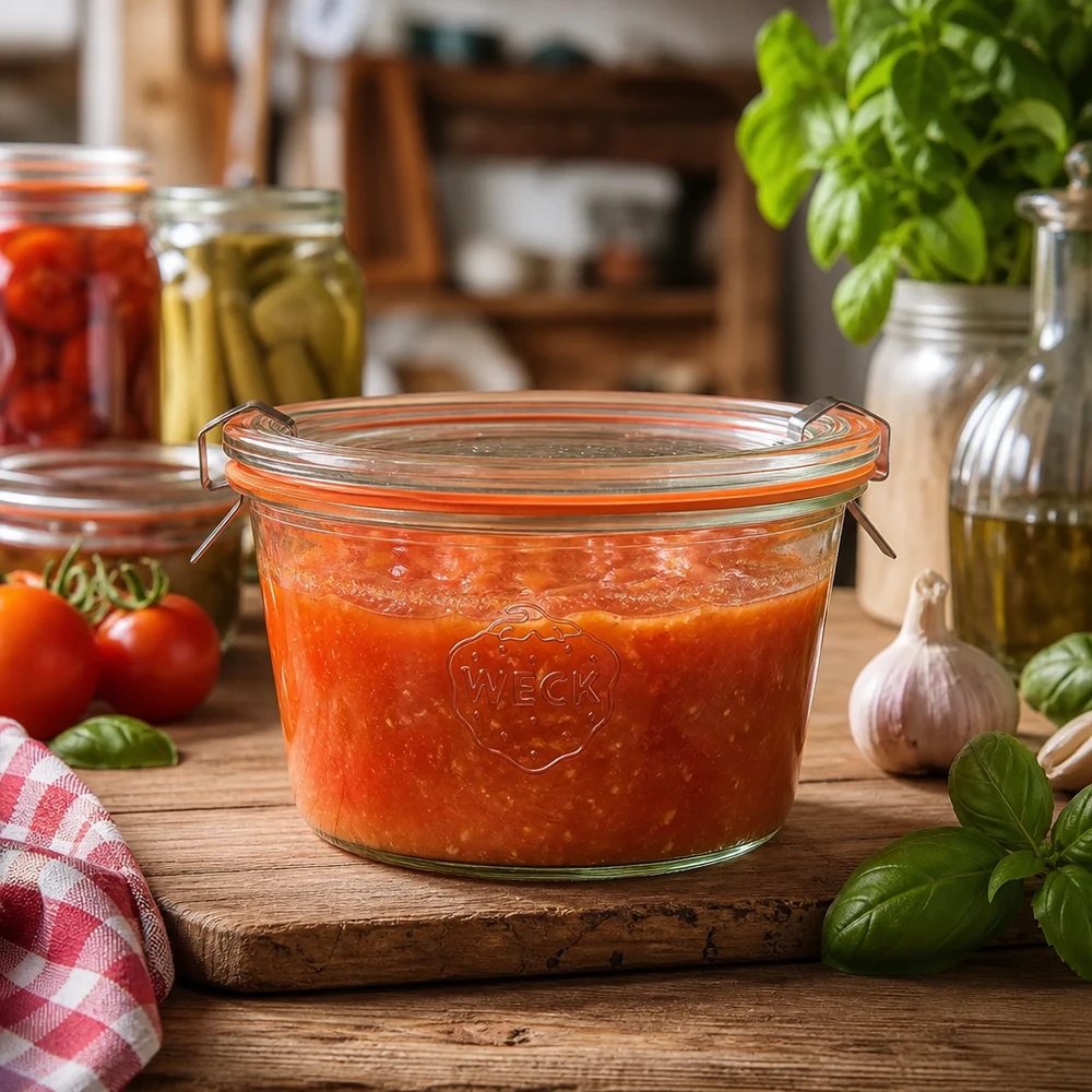 WECK RR100 dricksglas 370ml i rustikt kök fyllt med tomatsås visar praktisk användning för konservering