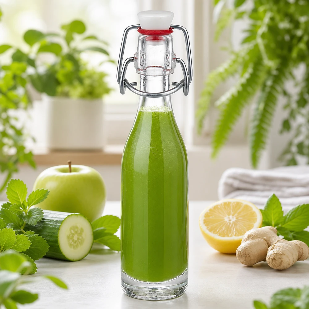 50 ml glasflaska UNiTWIST fylld med grön smoothie tillsammans med gurka, äpple, ingefära och citron som ett hälsosamt dryckesalternativ