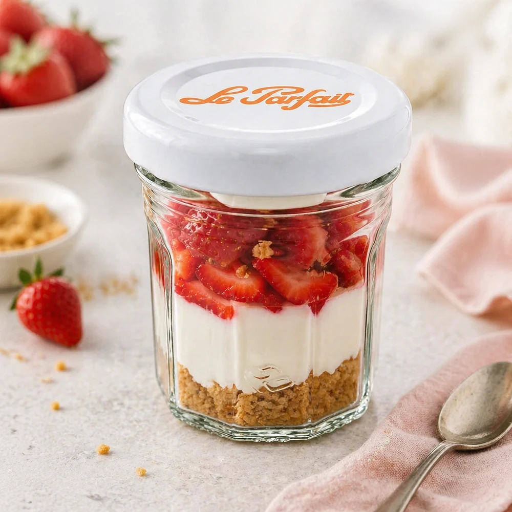 Le Parfait 44 ml minitumblers som dessertglas med jordgubbar, grädde och kexbotten - mångsidig användning