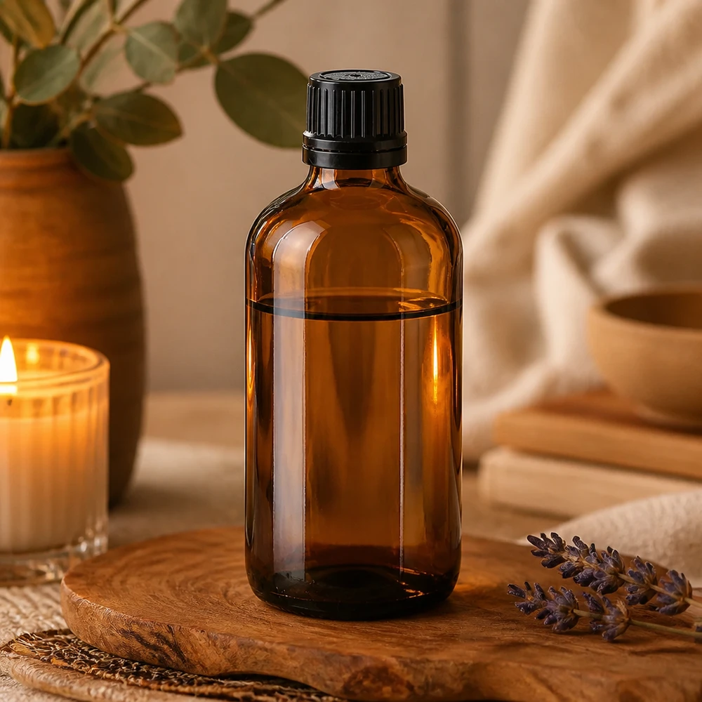 100 ml apoteksglasflaska i bärnstensfärg med barnsäker droppförslutning och lavendeldekoration