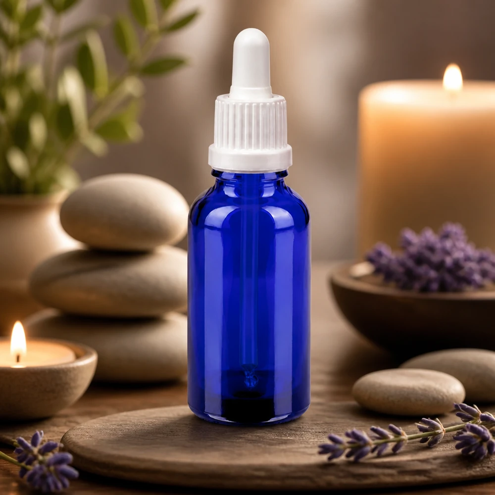 30 ml pipettflaska vit OV BlueLine UT18/30 tillverkad av högkvalitativt glas för aromaterapi och kosmetika