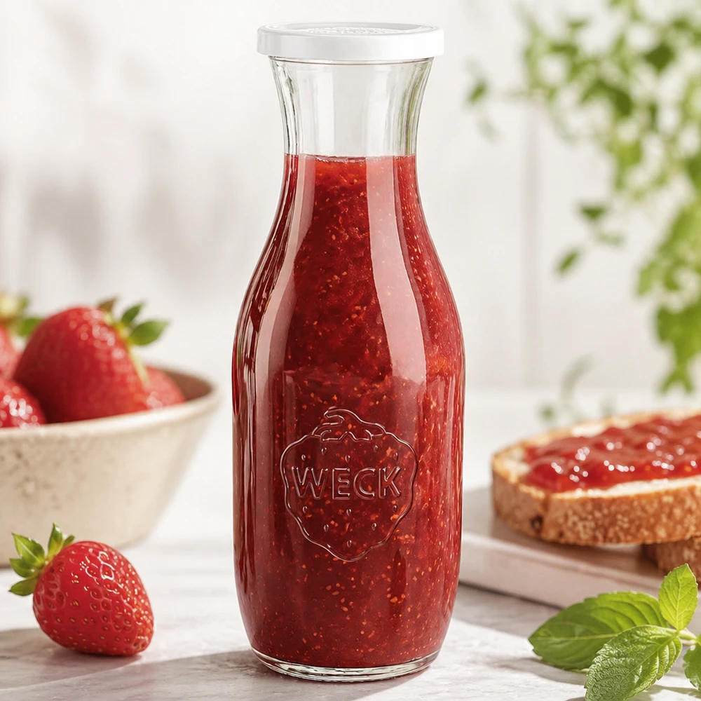 WECK glasflaska 1062ml fylld med jordgubbssylt bredvid färska jordgubbar och bröd med pålägg