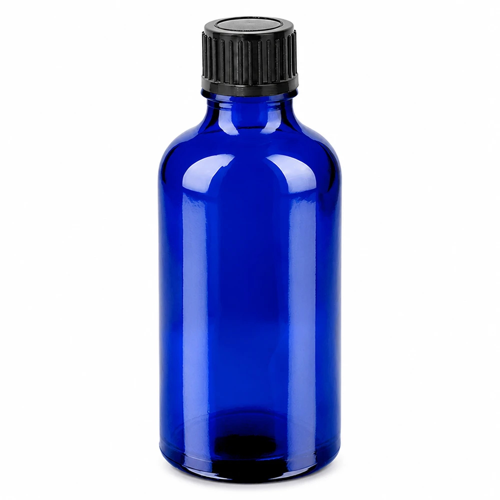 50 ml blå glasflaska med svart lock för eteriska oljor och kosmetika