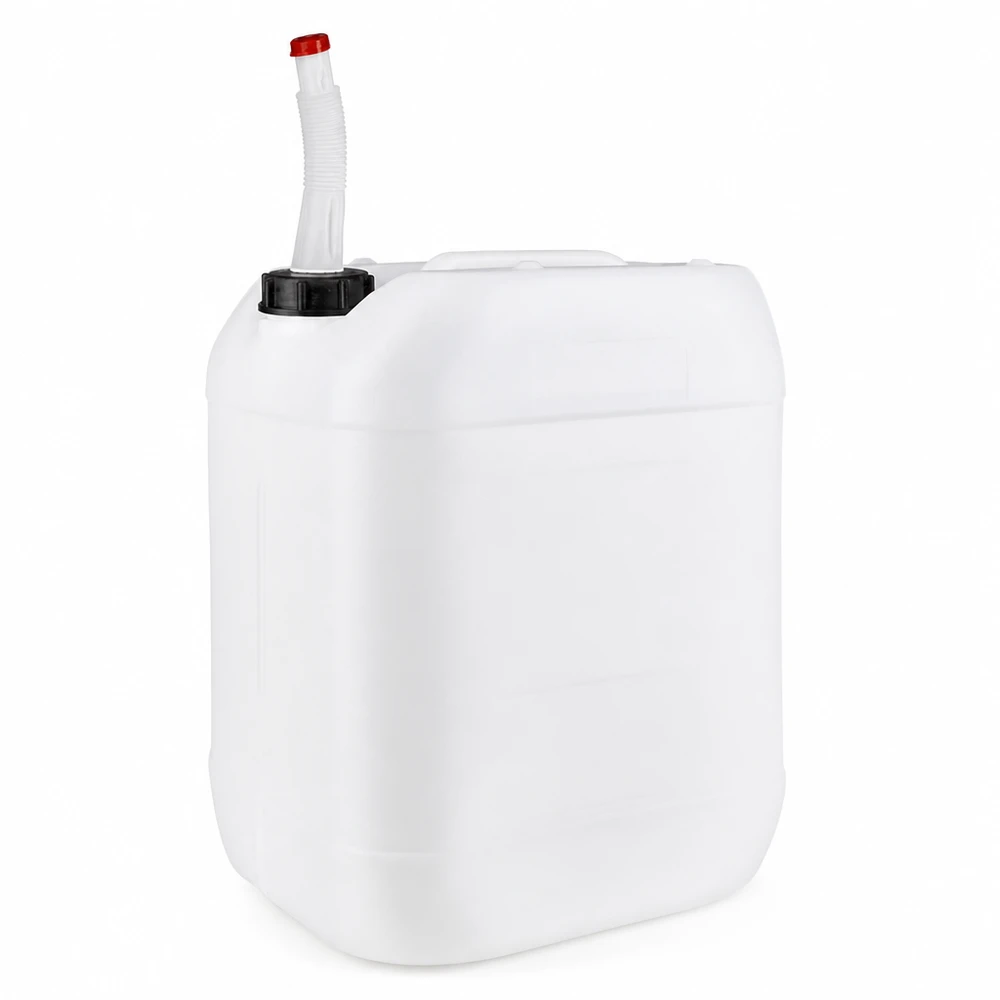 20 liters dunk med flexibelt utloppsrör Vit plastdunk på 20 liter med flexibelt utloppsrör och rött lock