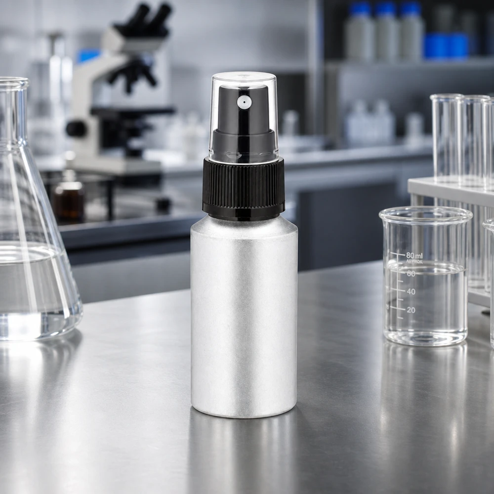 30 ml flaska i inlagd aluminium med finfördelare 30 ml sprayflaska i aluminium med matt yta, idealisk för laboratorier och skönhetssalonger