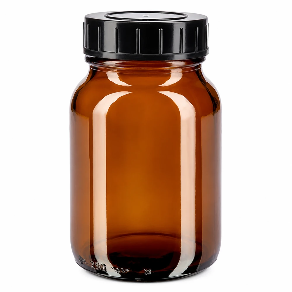 250ml bärnstensfärgad flaska med bred hals och skruvkork 250 ml bredhalsad flaska i bärnstensfärgat glas med svart skruvlock för säker förvaring