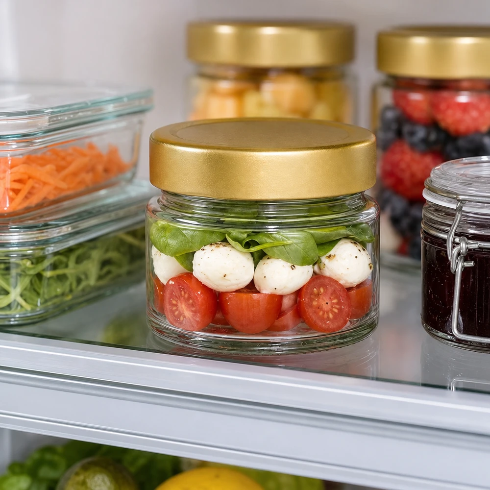 Rund glasburk 80 ml med lock BasicSeal guld djup UNiTWIST Caprese-Salat im 80ml Rundglas mit goldenem Deckel im Kühlschrank - praktische Aufbewahrung für Meal Prep