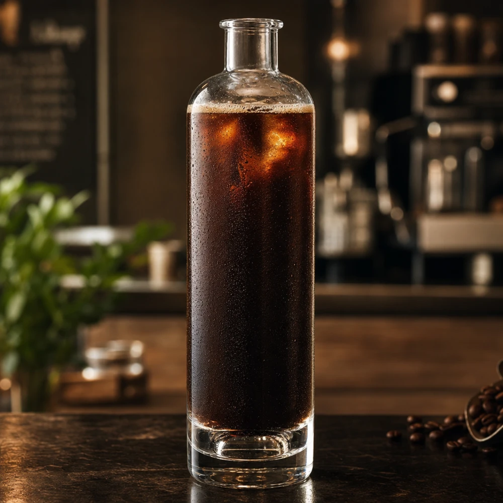 500 ml glasflaska Ella utan lock UNiTWIST® 500 ml glasflaska Ella fylld med kallbryggt kaffe i köket cylindrisk form utan lock UNiTWIST applikationsexempel