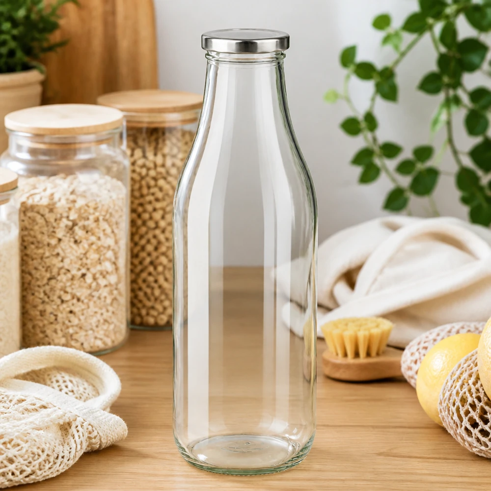 1000 ml BasicSeal silverglasflaska på ett träbord med hållbara kökstillbehör och växter Zero waste-livsstil