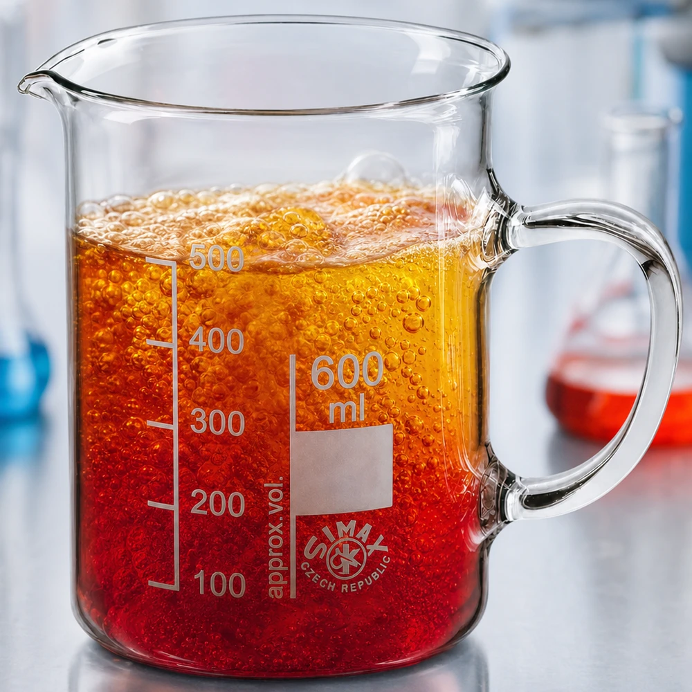 Bägare 600 ml borosilikatglas, med handtag Ett 600 ml bägarglas med handtag, fyllt med en röd-orange skummande vätska i laboratoriet