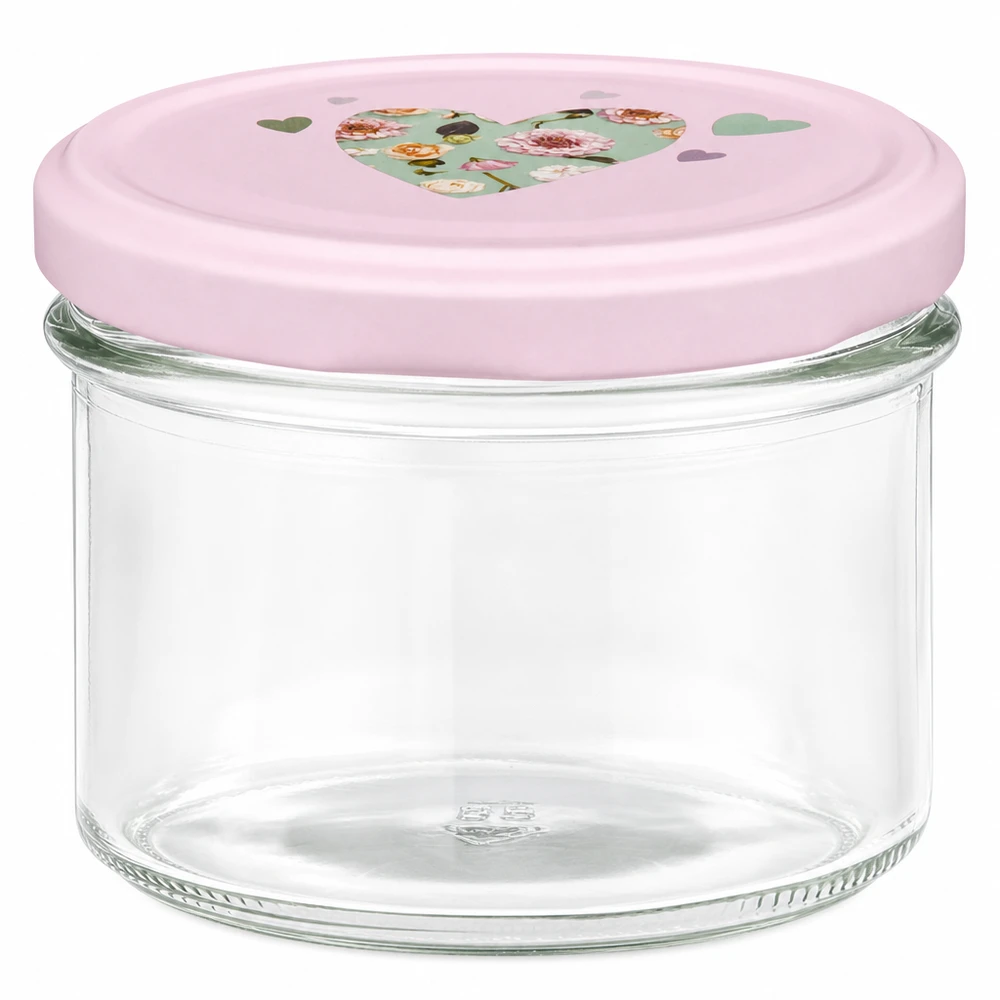 225 ml Krossade glasögon + BasicSeal-lock hjärtrosa UNiTWIST 225 ml murarburk med rosa BasicSeal-lock och hjärtmotiv för sylt- och konserveringsburkar